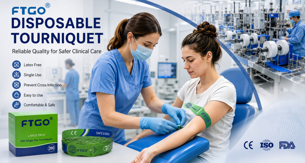 Disposable tourniquet used in hospital blood collection by nurse