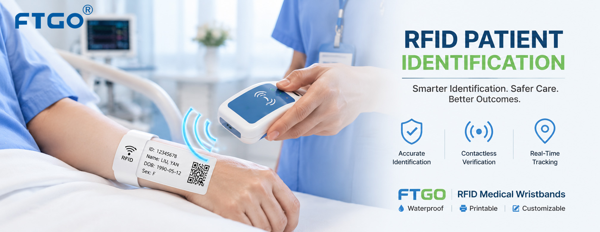 RFID patient identification medical wristband being scanned by a nurse in a hospital