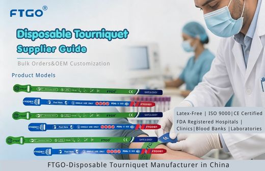 Disposable tourniquet supplier guide cover — FTGO bulk and OEM tourniquet models with ISO 9000, CE, and FDA certifications